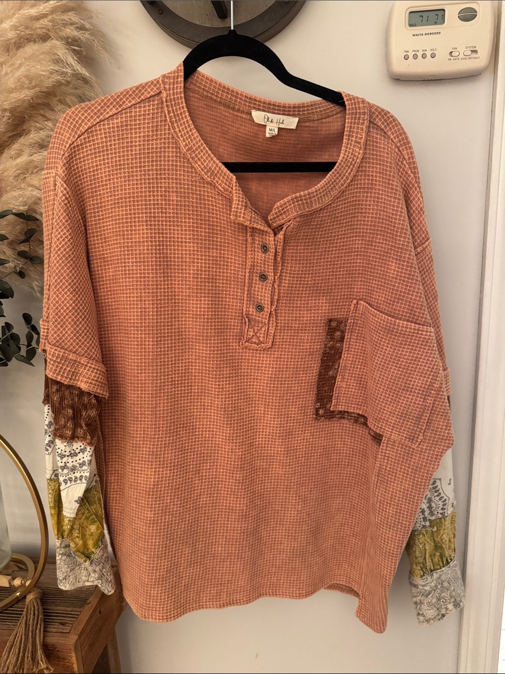 Dollhouse Waffle Henley Long-Sleeve Top in Rust Coral